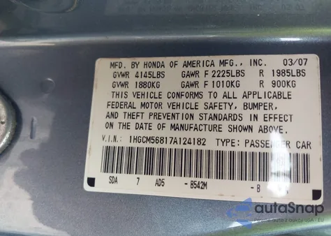 2007 Honda Accord Ex из США, поврежденный, VIN 1HGCM56817A124182